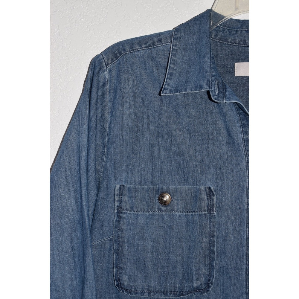 Loft‎ MEDIUM Denim Chambray Blue Shirt Dress Chest Pockets Long Slv 100% Cotton - Picture 10 of 16